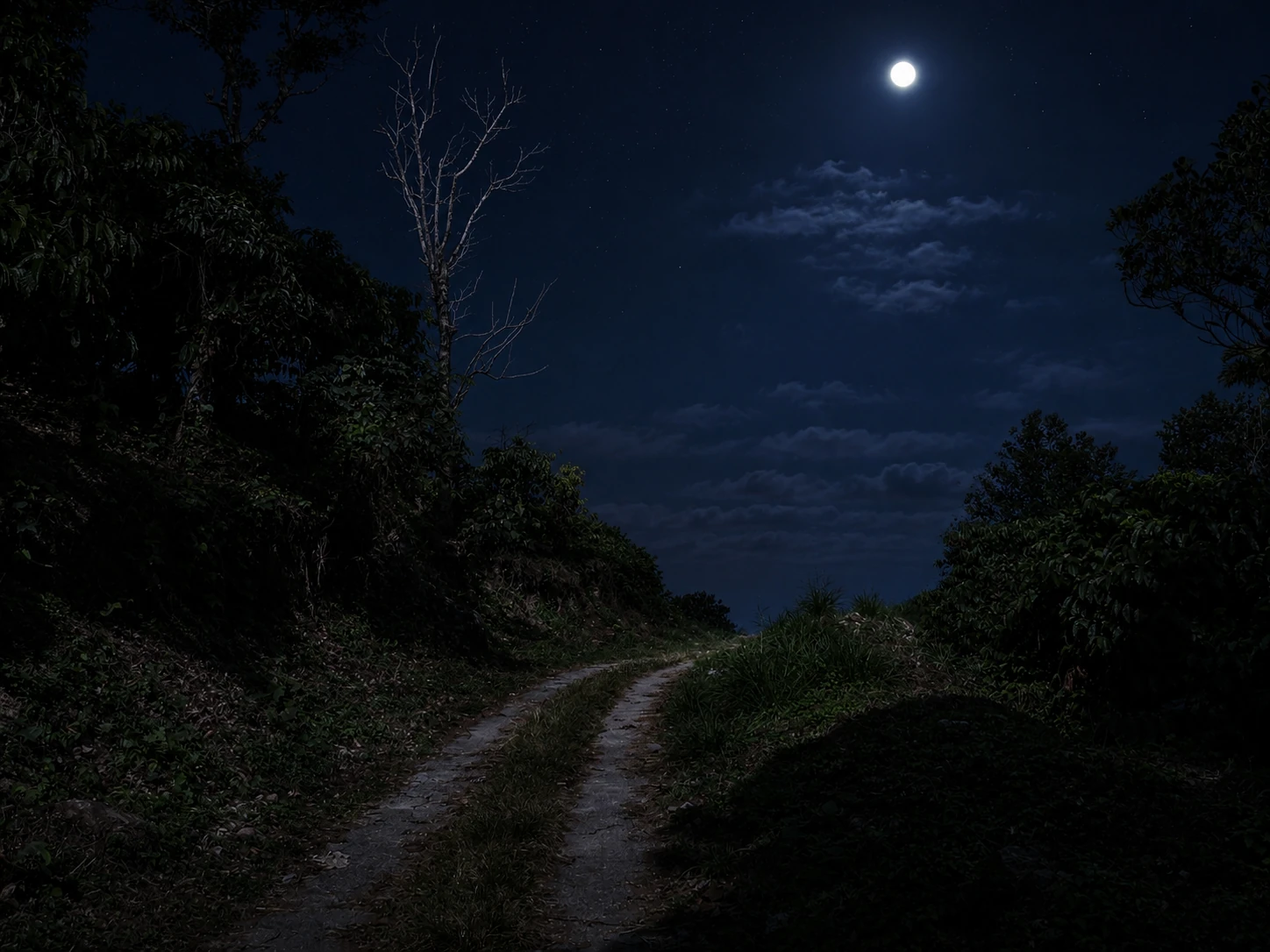 A quiet forest traill illuminated by bright moonlight, surrounded by dense treees beneth a starfilled night sky.